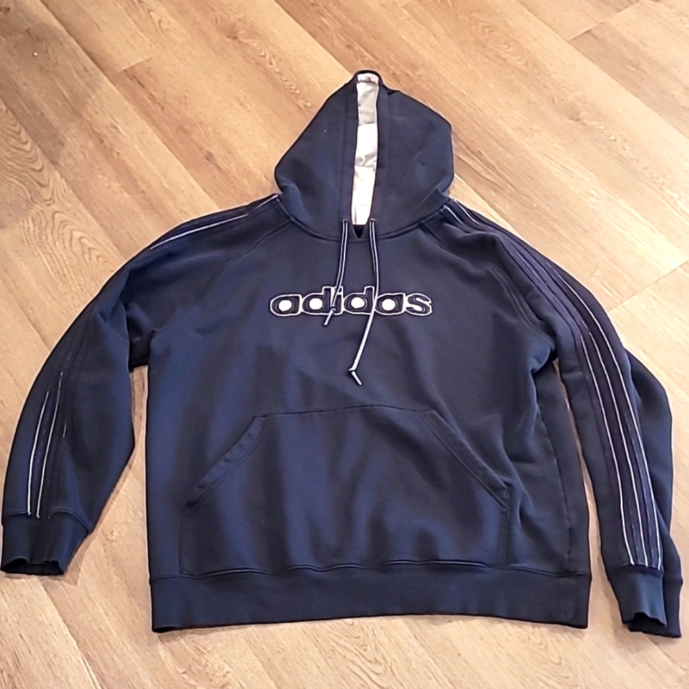 Vintage Adidas black hoodie. Large. Stitched lettering.